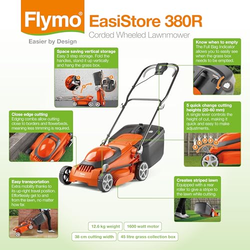 Flymo EasiStore 380R Electric Rotary Lawn Mower - 38 cm Cutting Width, 45 Litre Grass Box, Close Edge Cutting, Rear Roller, Central Height Adjust, Space Saving Storage Features