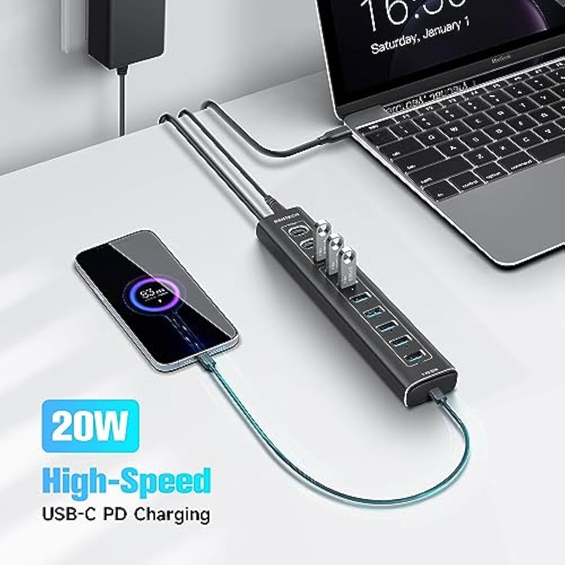RSHTECH 60W Powered USB 3.2 Hub, 11-Port USBC Hub with 10Gbps Data Port (2C+1A), 7 x USB 3.0 Port and 20W PD, Aluminum USB Splitter with 12V/5A Power Adapter and 3.3ft Long Cable (RSH-A11PD)