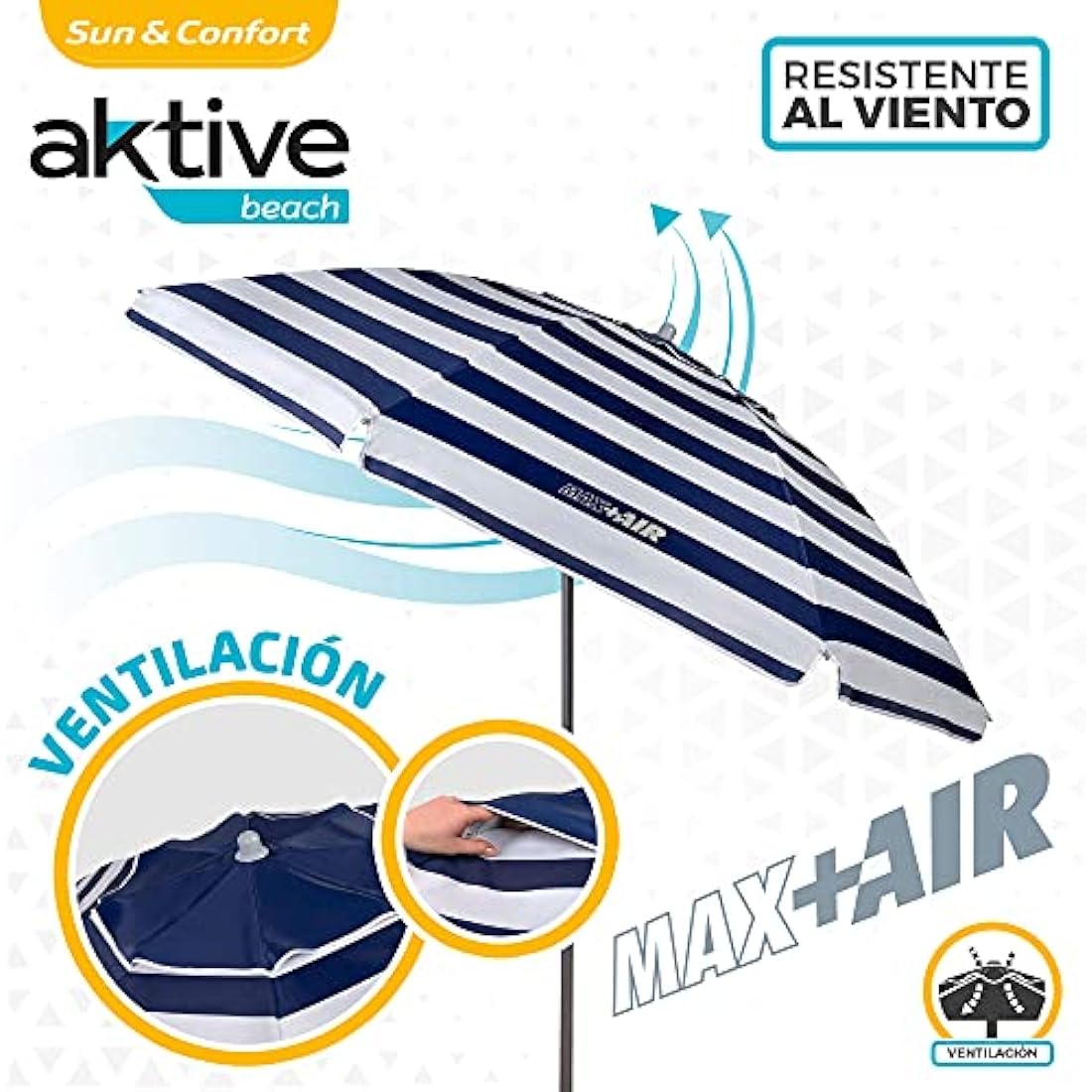 AKTIVE 62225 Beach Umbrella 220 cm Windproof Sun Shade Roof Ventilation Pole 28-32 mm UV 50 Protection Marine Stripe Design Includes Storage Bag