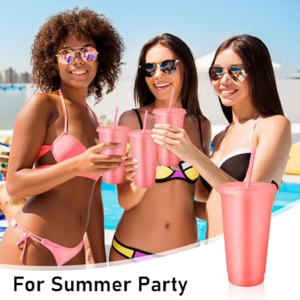 24 Pcs Reusable Cups with Lids and Straws 24 oz Glitter Iced Coffee Tumbler Plastic Travel Mug Cup for Smoothie Juices Birthday Sleepover Party Supplies (Light Pink)