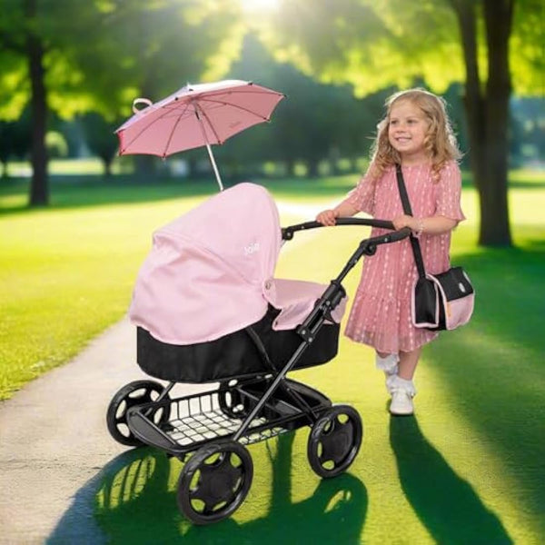 Joie Junior Classic Pram & Parasol Age 3+ | Toy Travel System with Changing Bag, Adjustable Hood & Storage | Pushchair & Pram Playset for Kids | My Girl Doll Accessories