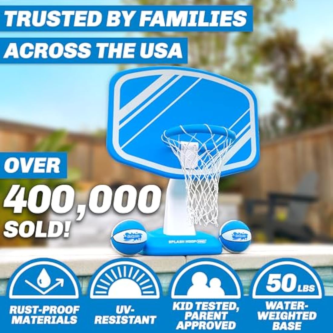 GoSports Splash Hoop PRO Swimming Pool Basketball Game, Includes Poolside Water Basketball Hoop, 2 Balls and Pump