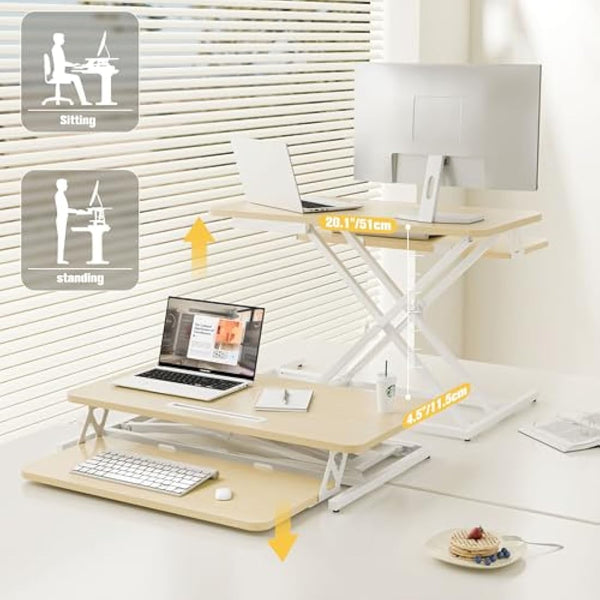 ERGOMAKER Height Adjustable Standing Desk Converter - 81cm (32 Inch) Wide Platform Tabletop Workstation - Quick Sit to Stand Desk Riser for Dual Monitors Golden Oak