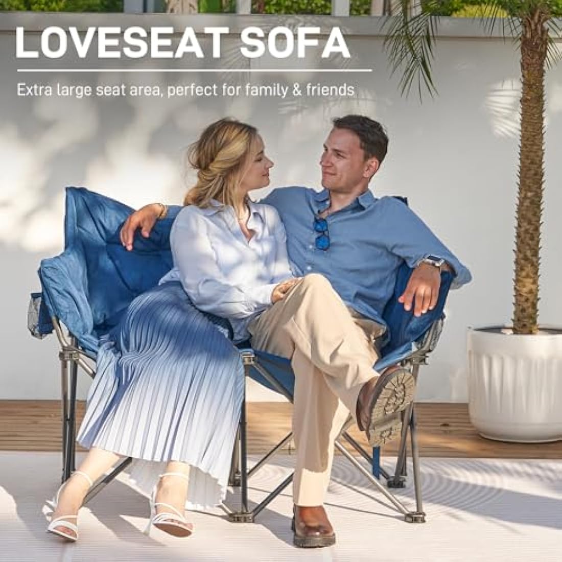 EVER ADVANCED Camping Chair Double for Adults 6cm Padded 320kg Folding 2 Seater Sofa with Side Pocket Dining Garden Outdoor Heavy Duty Luxury Fishing Portable Oversized Comfy Loadable Blue
