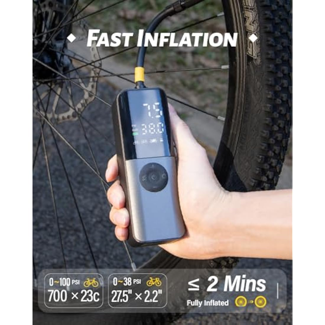 Electric Bike Pump, 150Psi Portable Bicycle Tire with Digital Pressure Gauge for E-Bike, Motorcycle with Presta, Schrader, Dunlop Valve Accessories