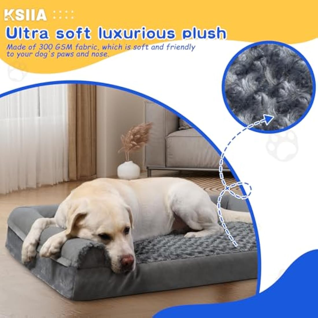 KSIIA Large Dog Bed, XL Orthopedic Dog Sofa Beds with Removable Washable Cover, Waterproof Pet Sofa with U-Shape Bolster, Grey 105x70x18cm
