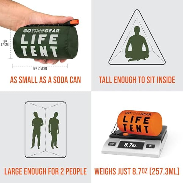 Go Time Gear Survival Life Tent • 2 Person Mylar Emergency Shelter Tube Tent + Paracord • All-Weather Protection for Camping, Hiking, & Survival Kits • Includes Emergency Whistle