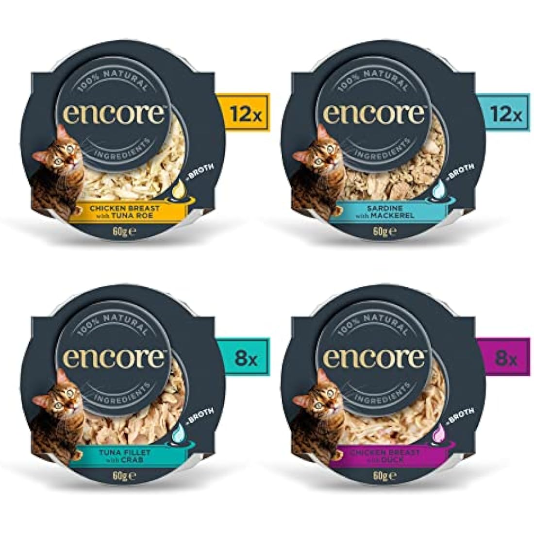 Encore 100% Natural Wet Cat Food Pot, Multipack Fish and Chicken Selection in Broth 60g Pot (Pack of 40)
