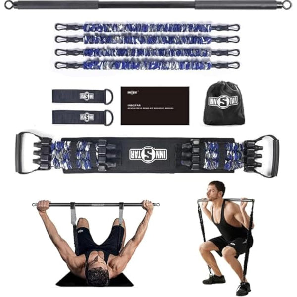 INNSTAR Portable Home Gym Set with Workout Bar, Bench Press Set, Squat Resistance Band, Door Anchor and More-Full Body Workout Equipment to Build Muscle and Shape Body