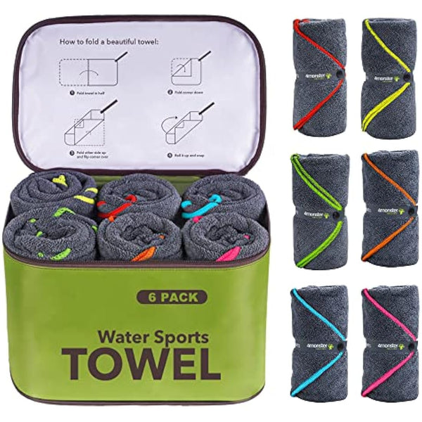 4Monster 6 Pack Microfibre Gym Towel with Accessory Bag, Quick Dry Travel Towel Super Lightweight, Ultra Absorbent for Sports Yoga Swimming Hiking Bath and Pool (6Pack, Army Green)