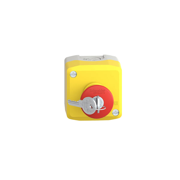 Schneider Electric Control station, plastic, yellow lid, 1 red mushroom push button Ø40, key release, 1 NO + 2 NC