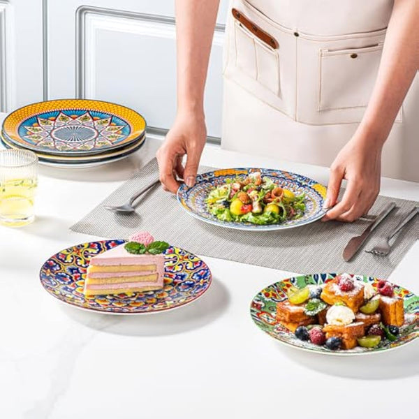 HENXFEN LEAD Salad Plate Porcelain, 21 cm Colourful Dessert Plates Ceramic Breakfast Plates, 6 Pieces Small Round Plate Set with Pattern and Colourful - Bohemian Style