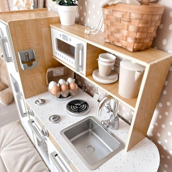 Mamabrum Baby Toys Play Kitchen with LED Lightning System, Wooden Kids Toys, Role Play Kitchen Accessories Included Pretend Play Toy Kitchen for Kids Little Chef Kitchen Playset, Natural Wood