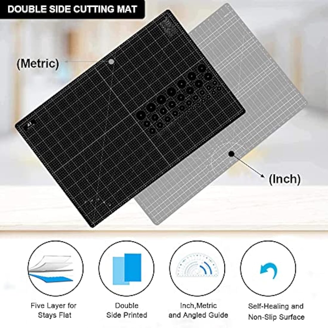 Headley Tools 24 x 36 Inch Thickened Self Healing Sewing Cutting Mat, A1 Rotary Cutting Sewing Mat for Crafts, Double Sided 5-Ply Table Cutting Board for Fabric Quilting Leather Arts Hobby, Grey/Black