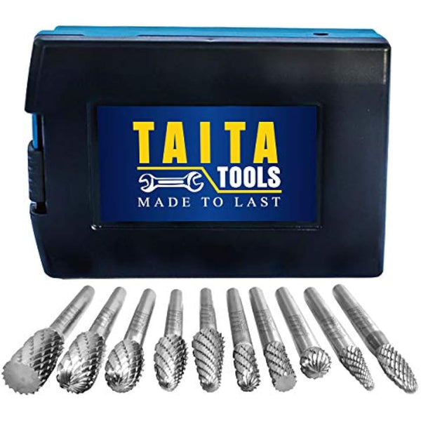 10pc Carbide Burr Set 1/4" Shank Tungsten Double Cut Rotary Die Grinder Bits - Cutting Burrs for Most Drills and Die Grinding Accessories - Wood Carving Metal Working & Sturdy Storage Case