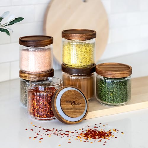 Mason & Fable Ribbed Glass Jar with Wooden Lid 350ml- 6 Pcs | Airtight Ribbed Storage Container for Spice, Tea, Sugar, Coffee, Sweets, Dog Treats,