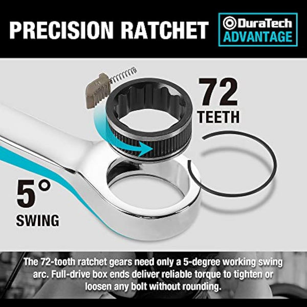 DURATECH 10-Piece Ratchet Combination Spanner Set, Fixed Head Open End Combination Wrench Set with Roll Pouch, Metric, 6-18mm, 12 Point, Cr-V Steel