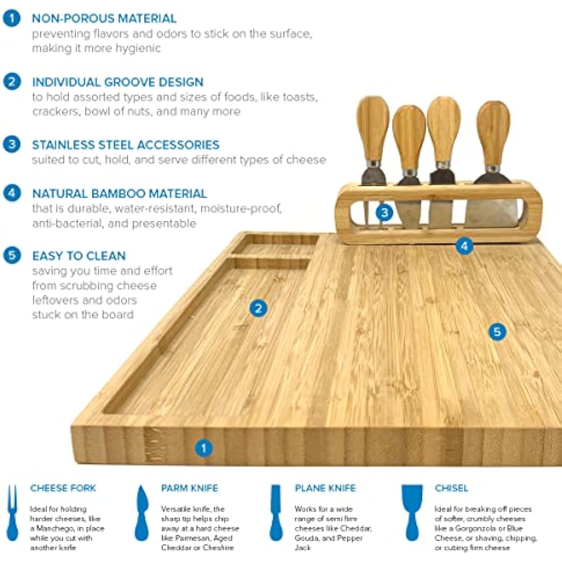 joeji's Kitchen Cheese Board Platter Set - Natural Wood Bamboo - Gift Set with Knives & Holder - Charcuterie Platter