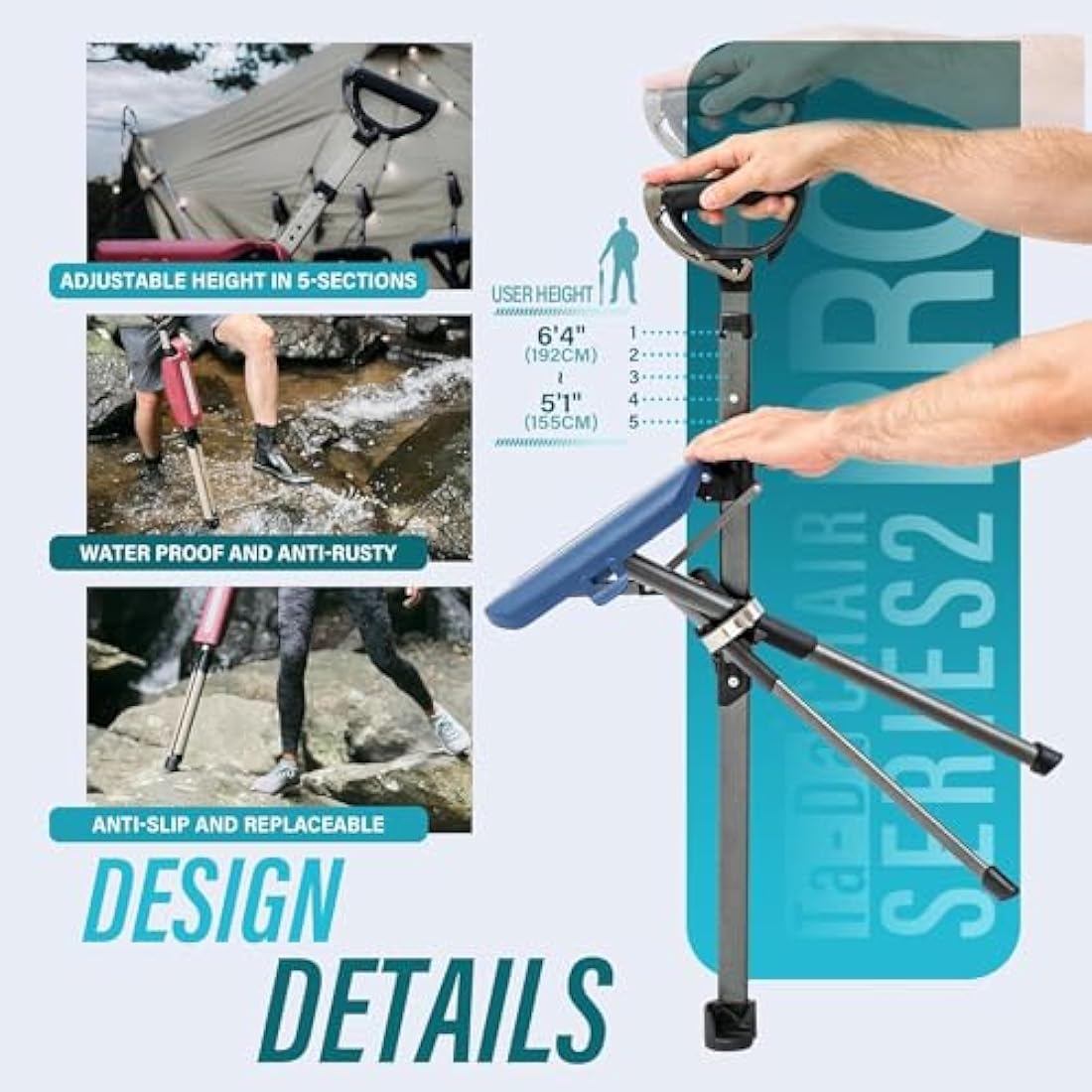 Ta-Da Chair Series 2 PRO - Walking Stick with Seat, Lightweight Aluminium Pole Frame & Sturdy Foldable Stool (up to 136kg), Easy Folding Design, Ideal for Hiking & Outdoors - Adjustable