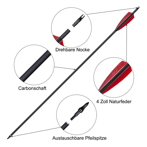 Huntingdoor 12Pcs 30 inch Archery Carbon Arrows Spine 550 Hunting Targeting Arrows with Replaceable Broadhead for Recurve Bow Compound Bow Target