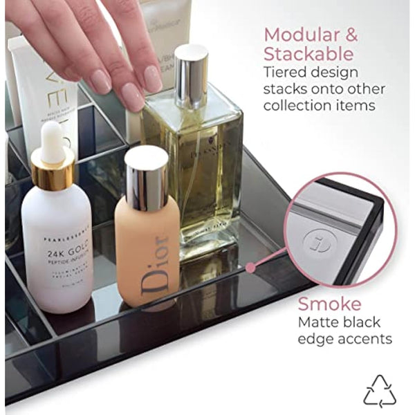 iDesign 13-Compartment Makeup Organiser from the Signature Series by Sarah Tanno, RPET Cosmetics Storage Unit, Makeup Brush Holder, Smoke/Matte Black, 30.48/20.32/7.47