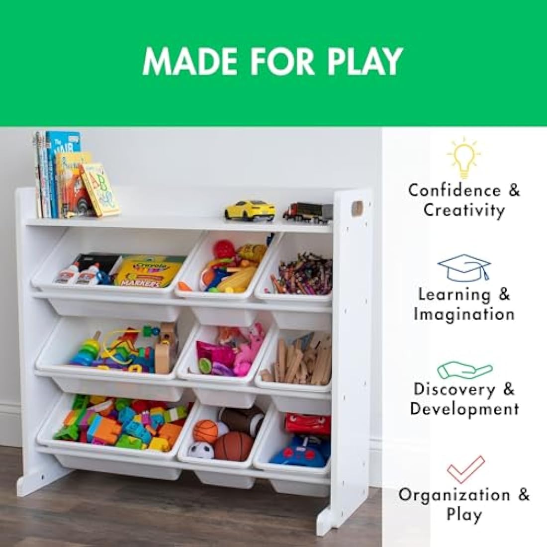 Humble Crew Cambridge Large Wooden Toy Shelf Storage Organiser for Children, with 9 BPA Free Plastic Removeable Storage Bins, Ideal for Storing Toys, Games, Books and Craft Supplies - White