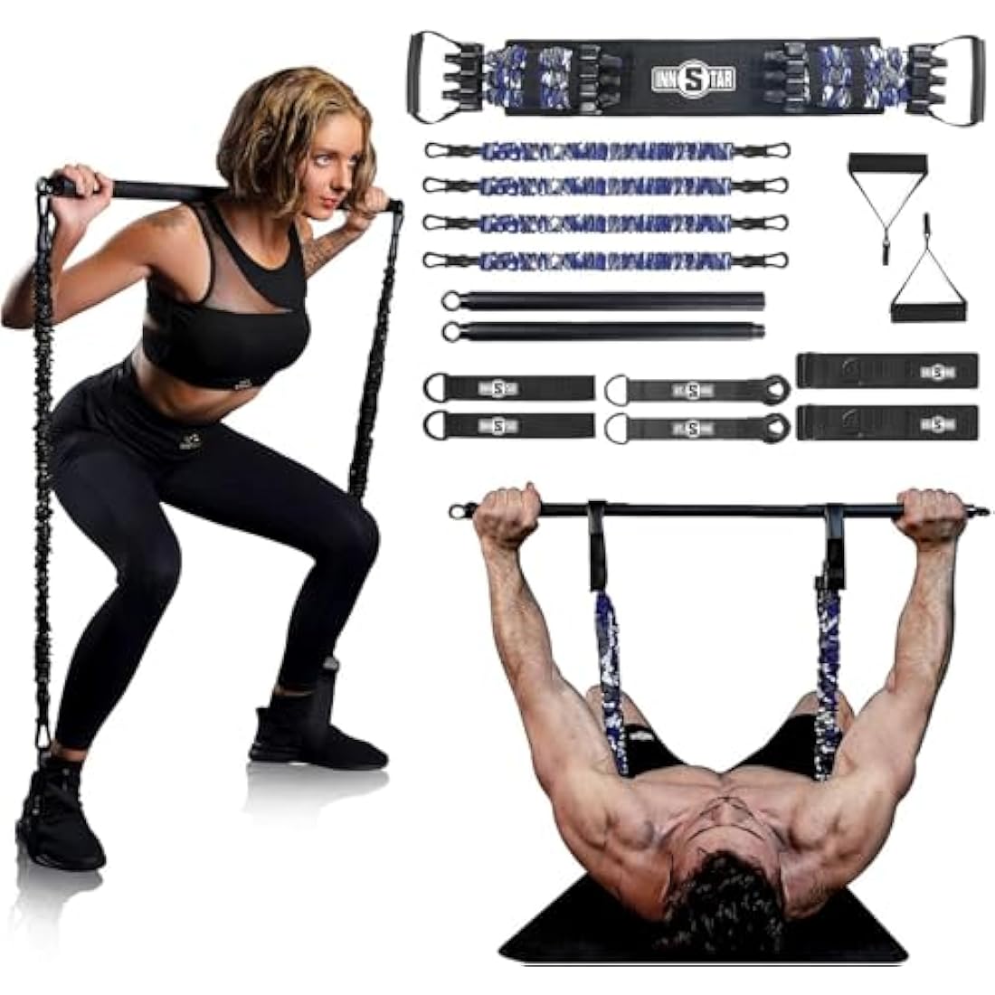INNSTAR Portable Home Gym Set with Workout Bar, Bench Press Set, Squat Resistance Band, Door Anchor and More-Full Body Workout Equipment to Build Muscle and Shape Body