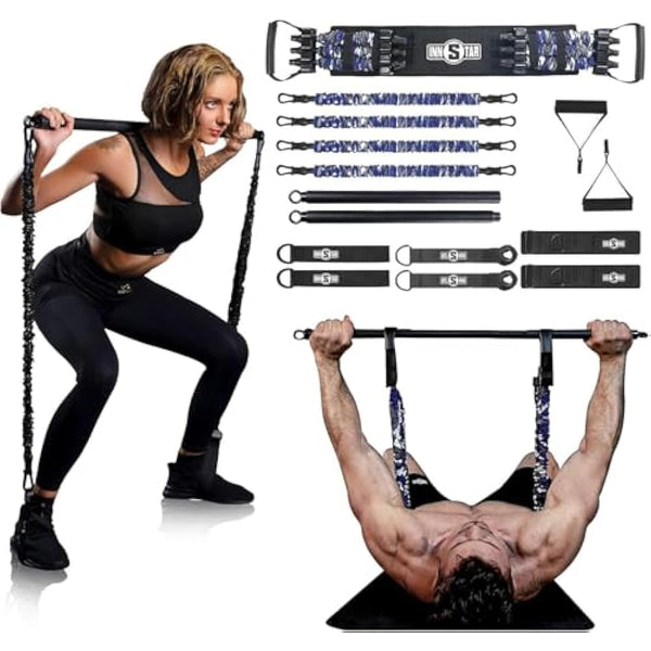INNSTAR Portable Home Gym Set with Workout Bar, Bench Press Set, Squat Resistance Band, Door Anchor and More-Full Body Workout Equipment to Build Muscle and Shape Body