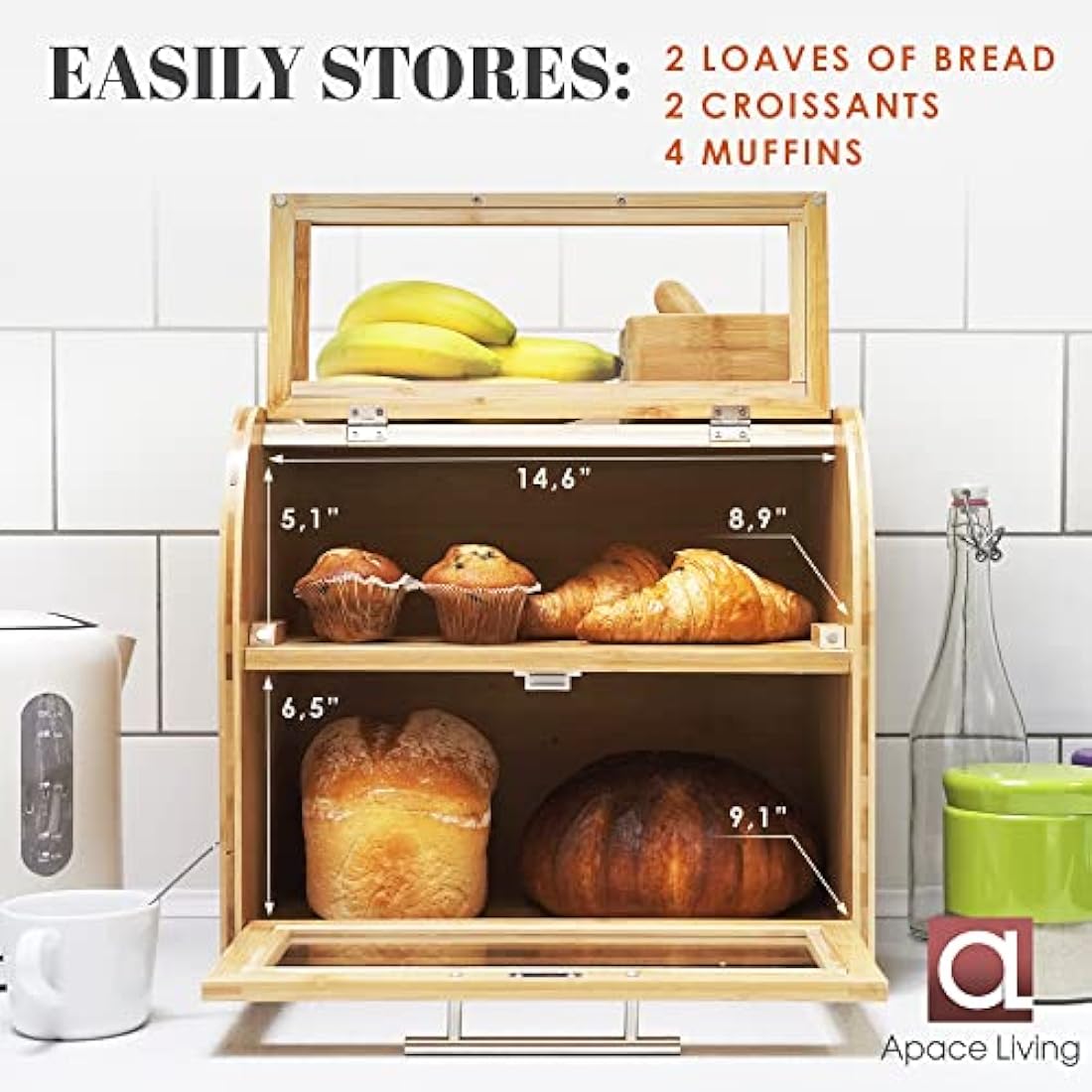 Arise Stylish Bread Bin for Kitchen Countertop, Extra Large 2-Shelf Wooden Bread Box with Clear Windows and Air Vents Keeps Bread, Bagels and Rolls Fresh. 40 x 26.4 x 36.5, Self Assembly
