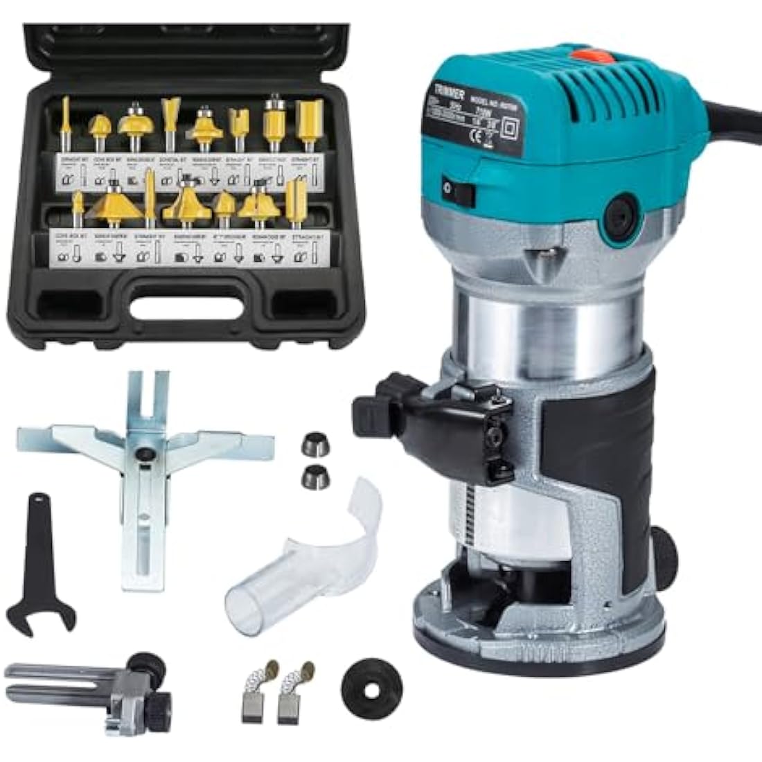 Anesty Palm Router Trimmer, Woodworking Hand Router with Trimmer Base, Handheld Wood Compact Trim Router Power Routers Tool with 15pcs 6.35mm Router Bit Set