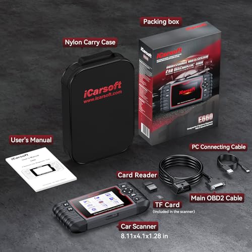 iCarsoft E660 OBD2 Scanner, Car Diagnostic Tool for Engine ABS SRS Transmission, Code Reader with 6 Maintenance Services, Oil/EPB/BMS/ETC/SAS/TPMS Reset, Battery Test, Lifetime No Charge Update