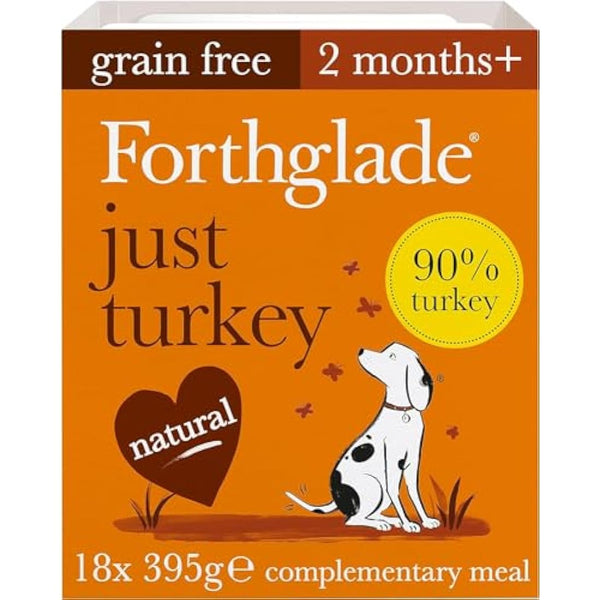 Forthglade Complementary Wet Dog Food (18 x 395g Trays) - Grain Free & Hypoallergenic Dog Food, Just 90% Turkey, Stomach Sensitive Meals with Natural Ingredients