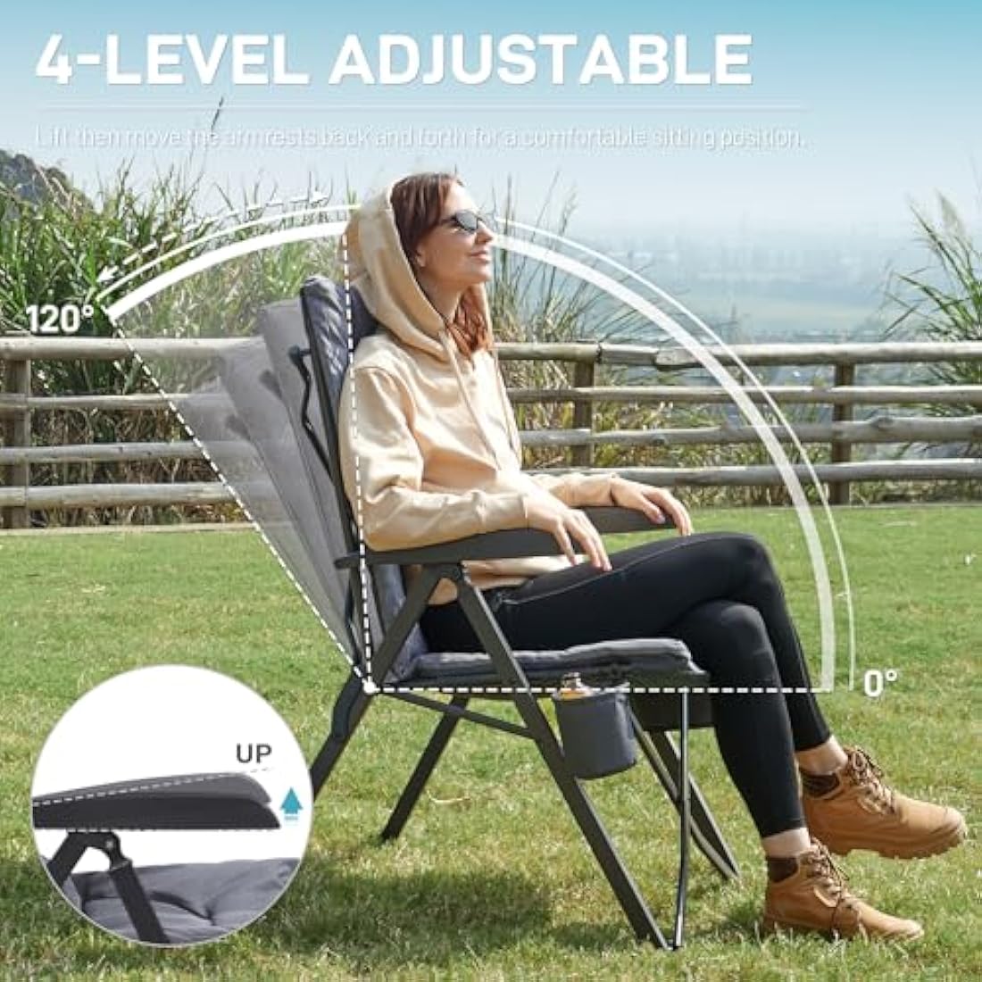 EVER ADVANCED Luxury Camping Chairs 2 Set for Adults Heavy Duty High Back Oversized Folding Garden Chair Comfy Padded 6cm Loadable 150kg Adjustable Dining Chairs 4-Position Recliner Chair Grey