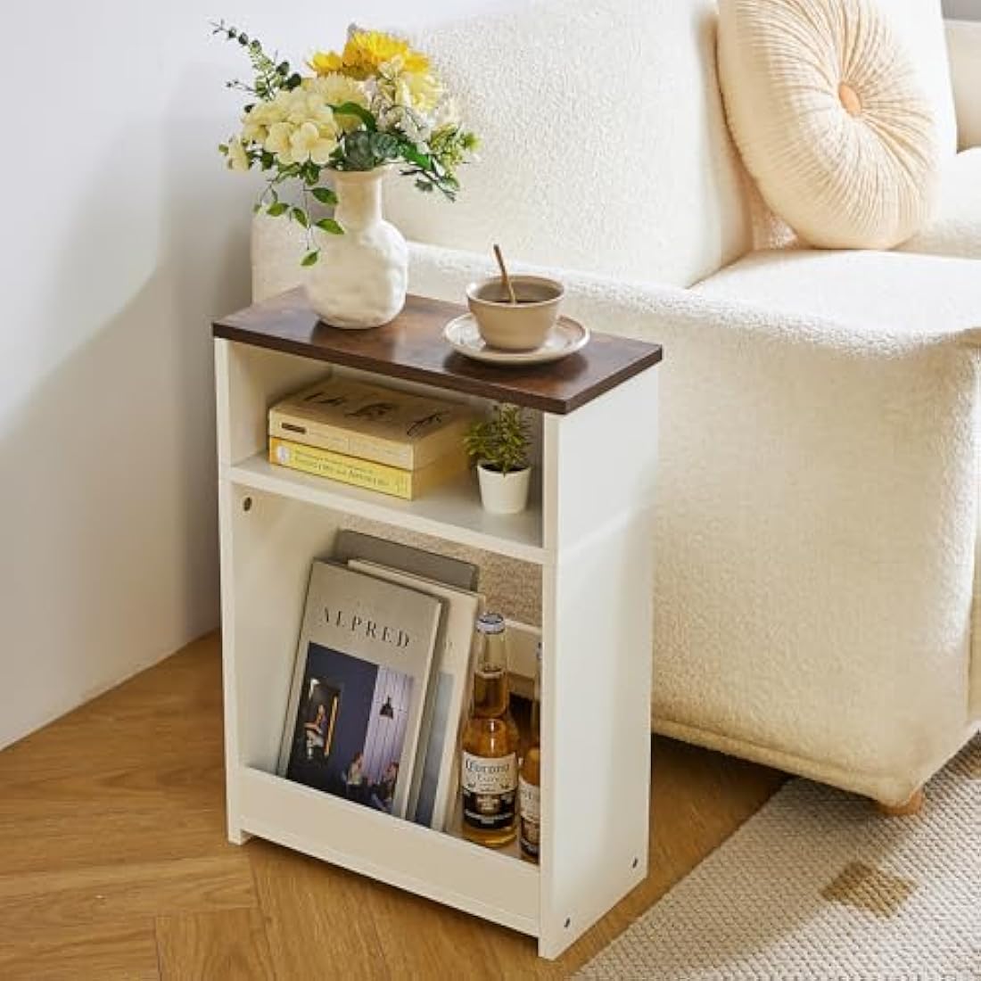 IBUYKE Narrow Side Table with Storage Shelf, 3 Tier Slim End Table for Small Spaces, Wood Small Nightstand with Magazine Rack for Living Room, Bedroom, Sofa, Space Saving, White WST006W