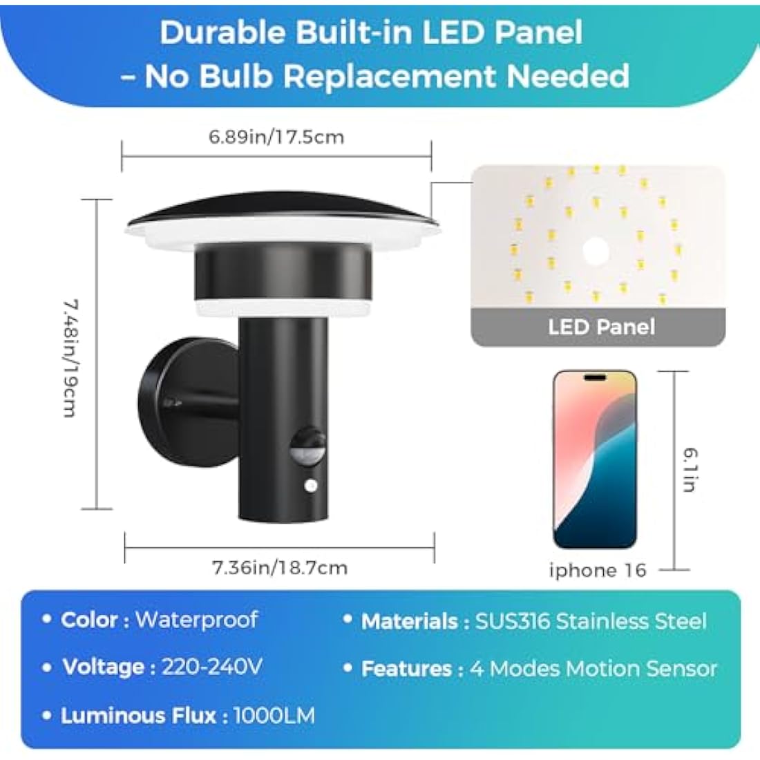 NBHANYUAN Lighting 4 Modes Outdoor LED Wall Light with Motion Sensor,SUS316 Stainless Steel Outside Lights Mains Powered PIR Weatherproof 3000K Warm White Light for Front Door,Porch IP44 1000LM