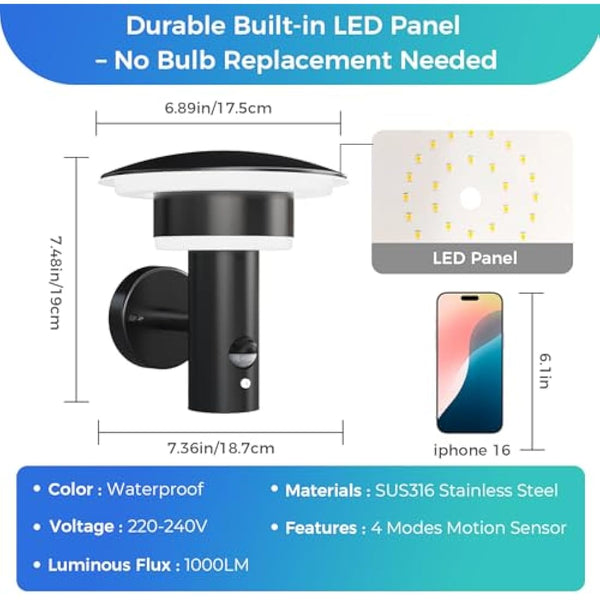NBHANYUAN Lighting 4 Modes Outdoor LED Wall Light with Motion Sensor,SUS316 Stainless Steel Outside Lights Mains Powered PIR Weatherproof 3000K Warm White Light for Front Door,Porch IP44 1000LM