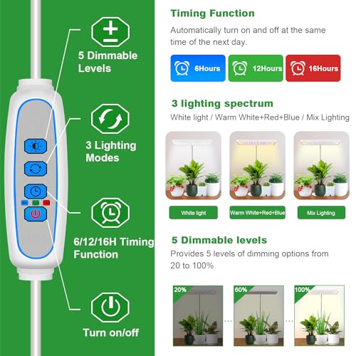 Wiaxulay Plant Grow Light, 78 LEDs Grow Light for Indoor Plants Full Spectrum, Height Adjustable Desk Growing Lamp with Metal Base, Auto Timer 6/12/16