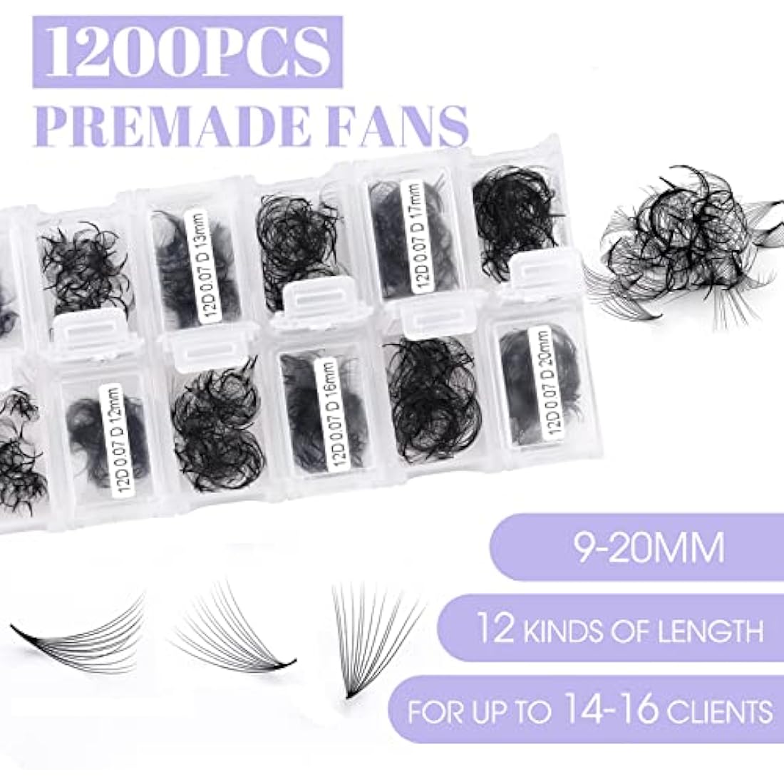 12D Premade Fans Eyelash Extensions 1200PCS Pre Made Fans Lashes 0.07mm C Curl Mixed Tray 9-20mm Handmade Loose Volume Lash Extension Premade Lash Fans (1200-12D-0.07-C-920)