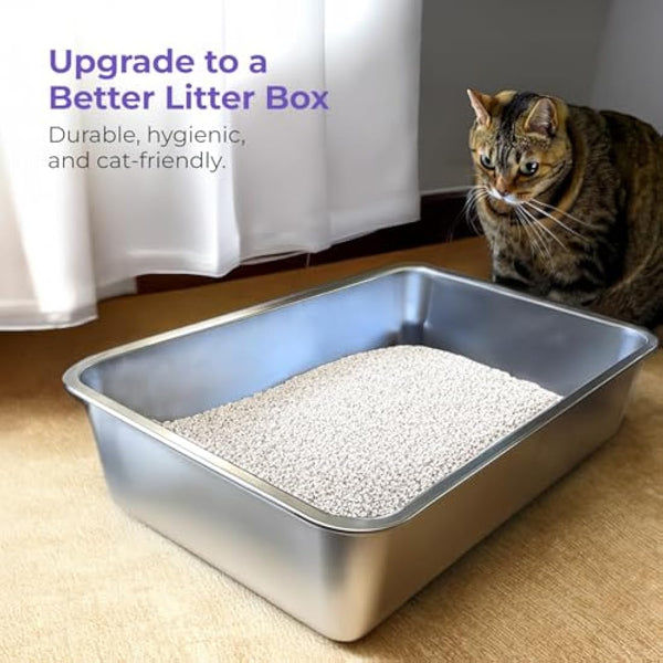 iPrimio Non-Stick Plated Stainless Steel XL Cat Litter Box - Extra Large High-Sided Litterbox for Big Cats - Never Absorbs Odor, Stains, or Rusts - Easy Cleaning Cat Litter Tray (1 Teflon-Coated Pan)