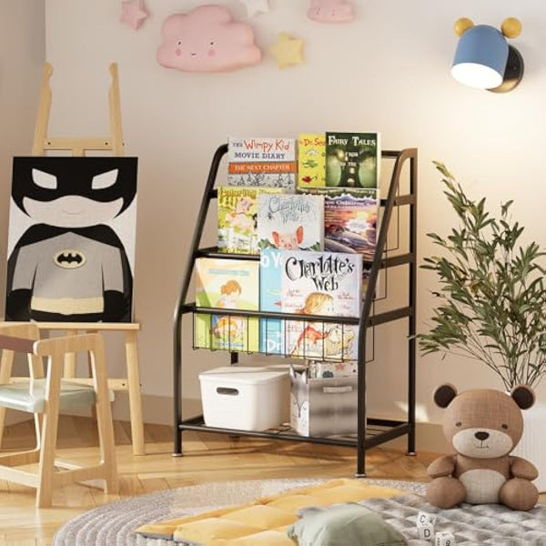 Huhote Children Kids Bookshelf, Small Bookcase, Kids Book Rack, Book and Toy Storage Organizer Display Stands Shelf for Small Place Living Room Study Children's Room (Black)