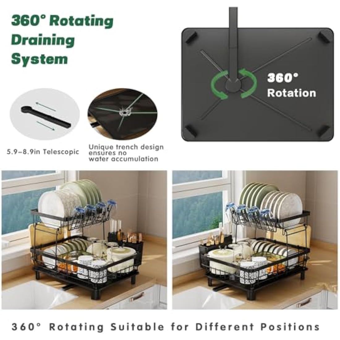 2 Tier Dish Drainer Rack for Kitchen with Drip Tray, Sink Drainer with 360° Swivel Drainage Spout, Dish Drying with Cups, Utensil & Cutting Board Holders for Kitchen Counter Space-Saving, Black