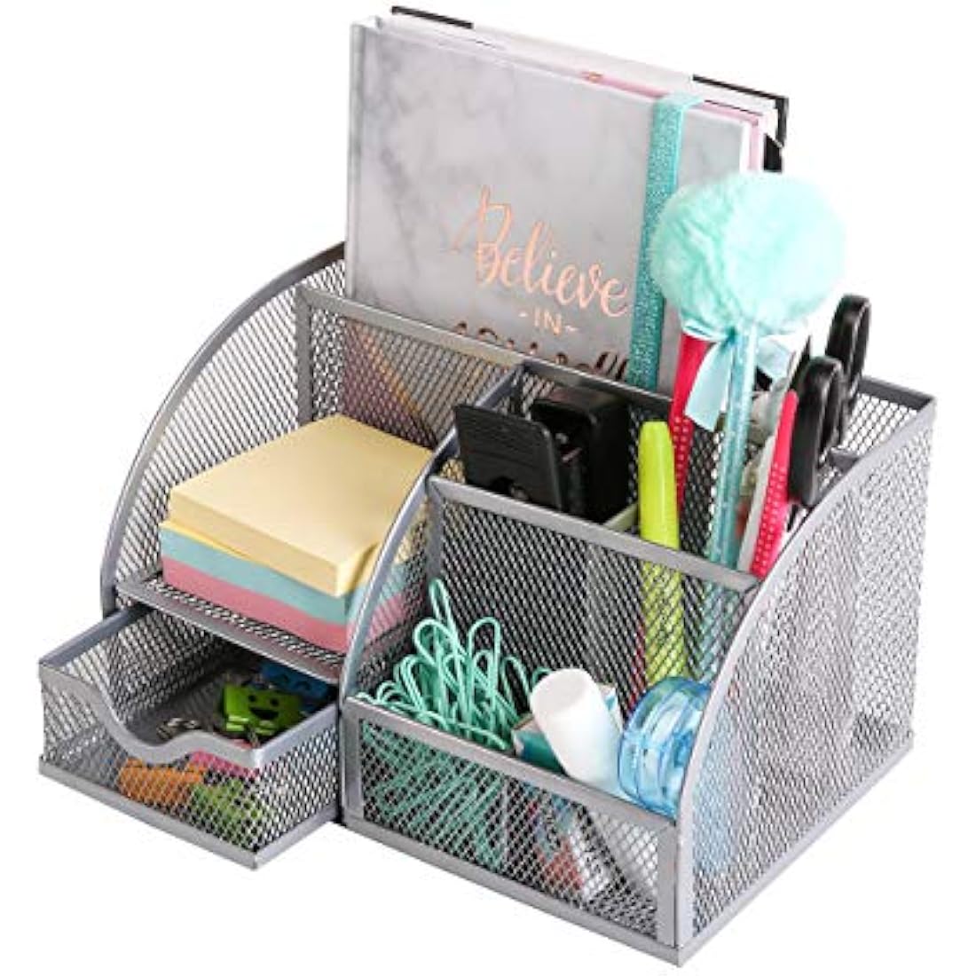 EXERZ Desk Organiser/Mesh Desk Tidy Caddy/Pen Holder/Multifunctional Organiser with 7 Compartments - Silver Grey Colour