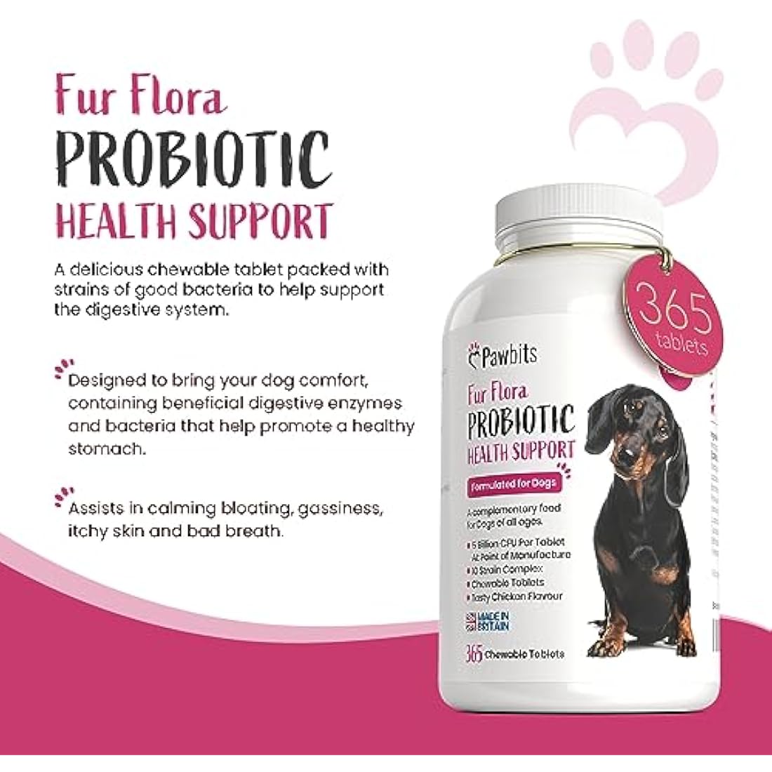 365 Canine Probiotics & Prebiotics Tablets for Dogs – 5 Billion CFU Tablet Chicken Flavour Chewable Dietary Supplements -10 Strain Complex for Digestive Support, Gut Health, Bad Breath & Itchy Skin