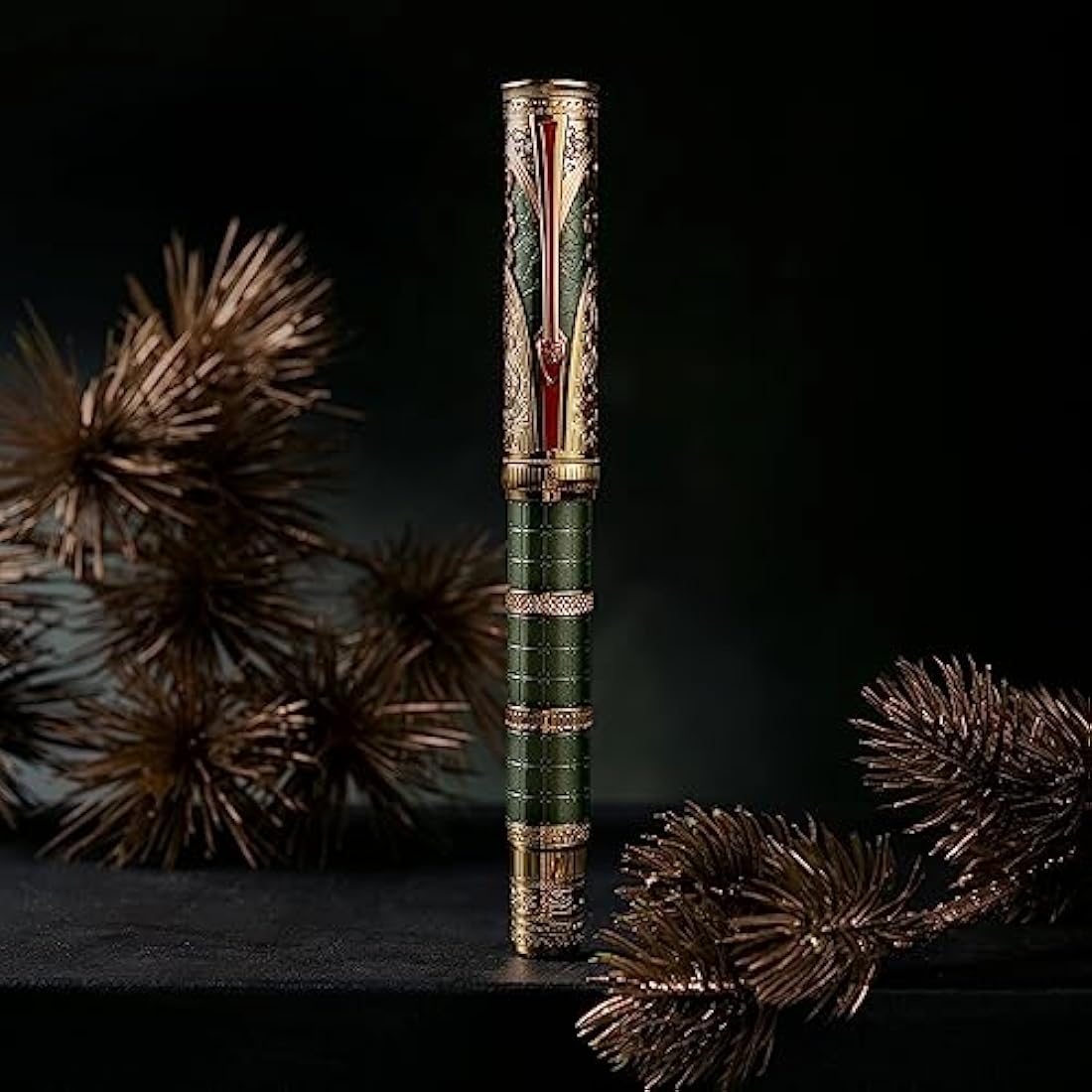 Hongdian D5 Qin Dynasty Fountain Pen Green Gold, Fine Nib Piston Filling Pen with Box Set