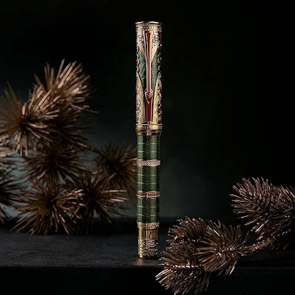 Hongdian D5 Qin Dynasty Fountain Pen Green Gold, Fine Nib Piston Filling Pen with Box Set