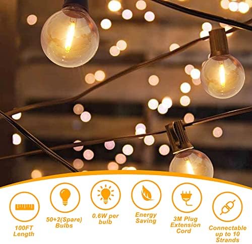 DSLebeen Festoon Lights 100ft LED String Lights Mains Powered with 50+2 Plastic G40 Globe Bulbs 2700K Connectable Decorative Lighting Hanging for Cafe, Party, Wedding, Holiday