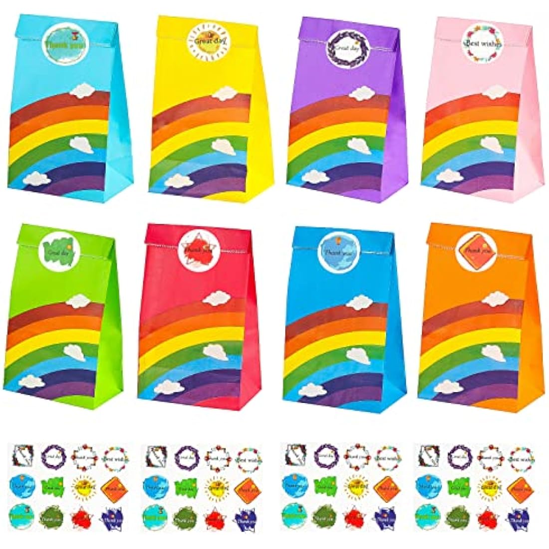40 PCS Paper Party Bags for Kids, TOOELMON Rainbow Paper Gift Bags Candy Goodie Treat Bags with Stickers for Birthday, Picnic, Wedding Parties (130 * 80 * 240mm,Rainbow-40pcs)