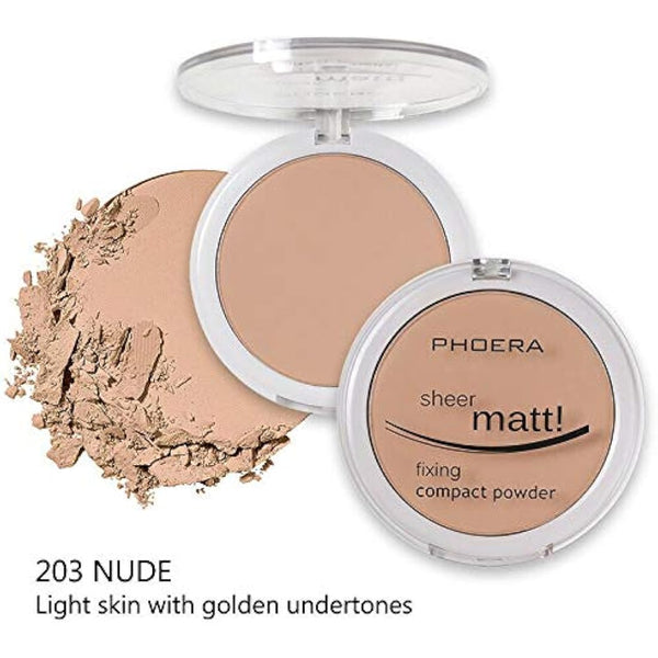 AQUAPURITY PHOERA Sheer Matte Compact Powder Fixing Powder Makeup Base Fixer Setting Powder Foundation Fixing Compact Pressed Powder Long Lasting Make Up Fixer Skin Vitamin E Beauty Blender (203 NUDE)