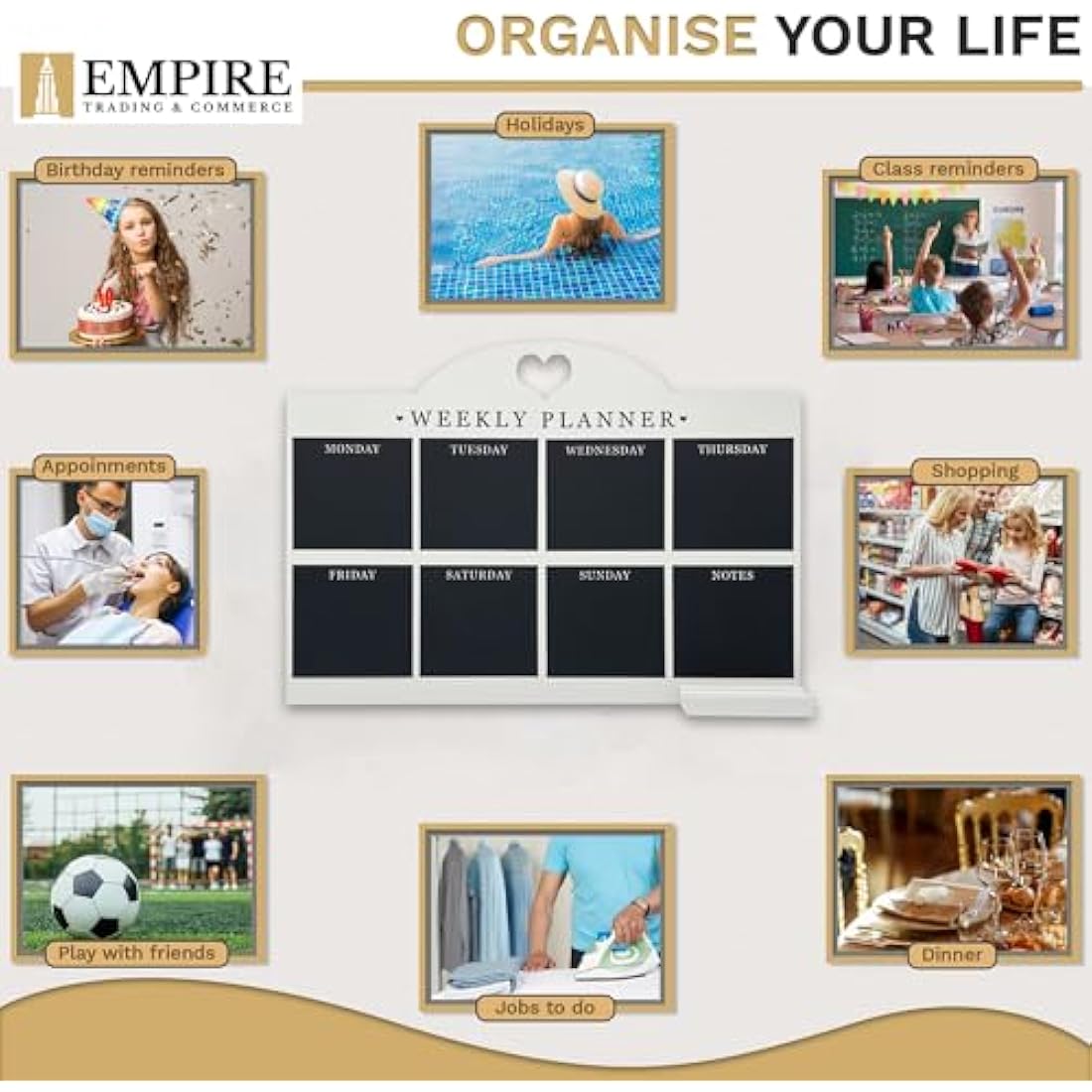 Empire Weekly Planner and Menu Board for Kitchen, Work Planner Blackboard, Wall Mounted Daily Planner with a Pen, to Do List, Dry Erase Meal Planner with White Cloth for Office & Home (Large, White)
