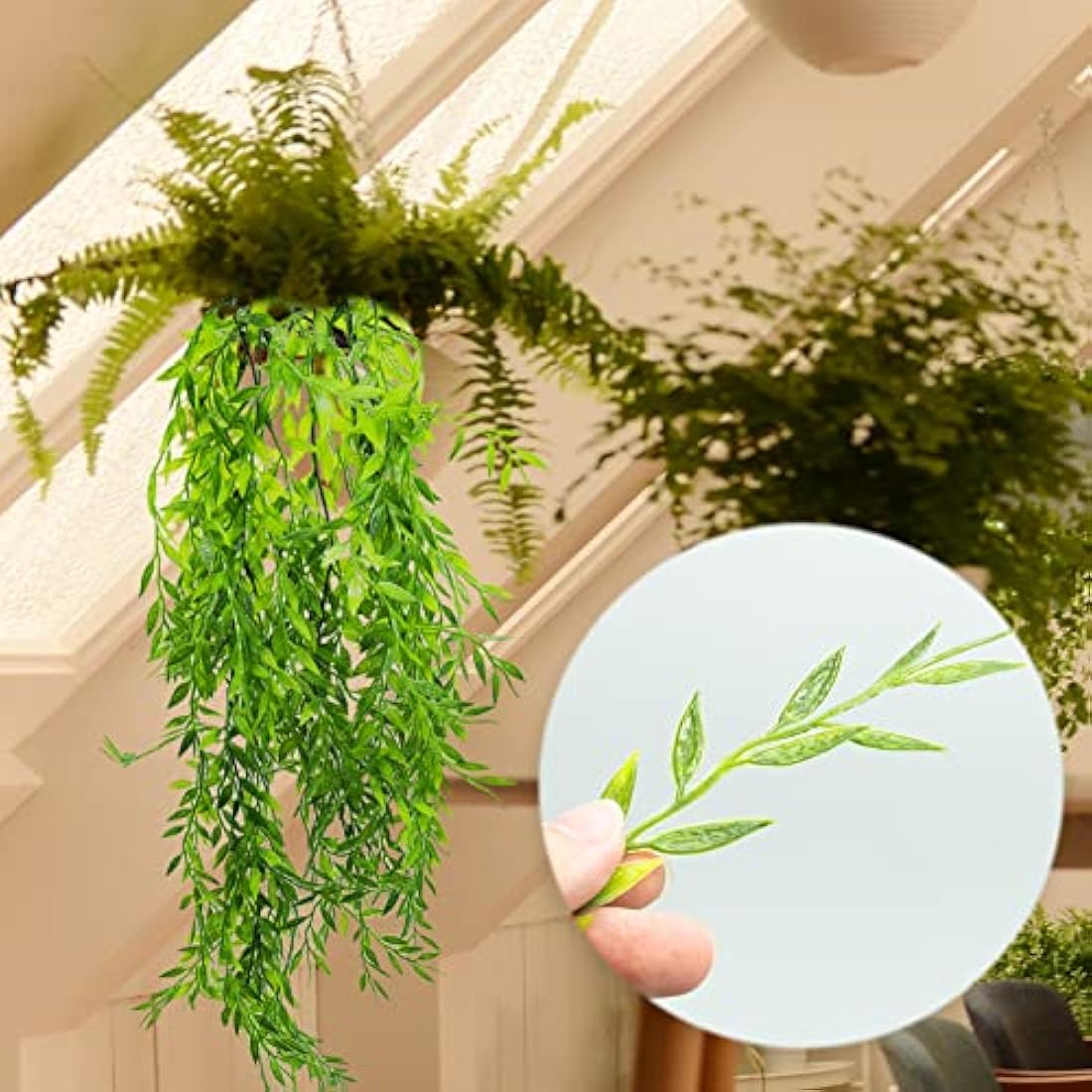 2 Pack Artificial Hanging Plants, Plastic Fake Ferns Ivy Artificial Trailing Plants, Fake Vine Hanging Basket, Faux Plant with Willow Leaves for Indoor Outdoor, Garden, Bedroom, Wall Decoration